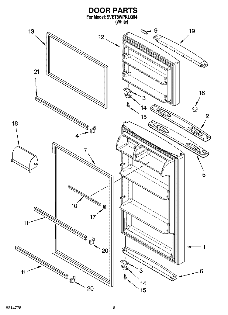 DOOR PARTS Diagram and Parts List for 5VET8WPKLQ04  Whirlpool Refrigerator