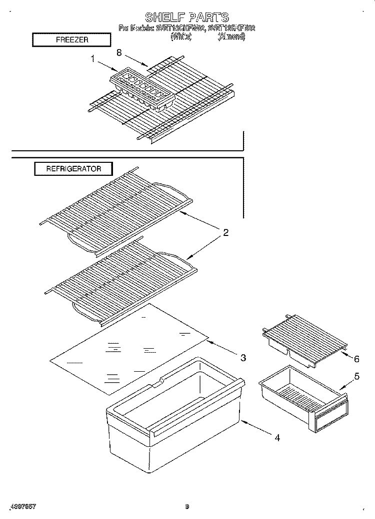 SHELF Diagram and Parts List for 3VET16GKFW02  Whirlpool Refrigerator