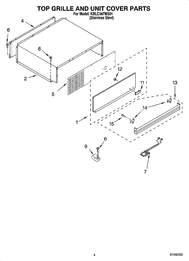 TOP GRILLE AND UNIT COVER PARTS Diagram and Parts List for KBLC36FMS01  KitchenAid Refrigerator