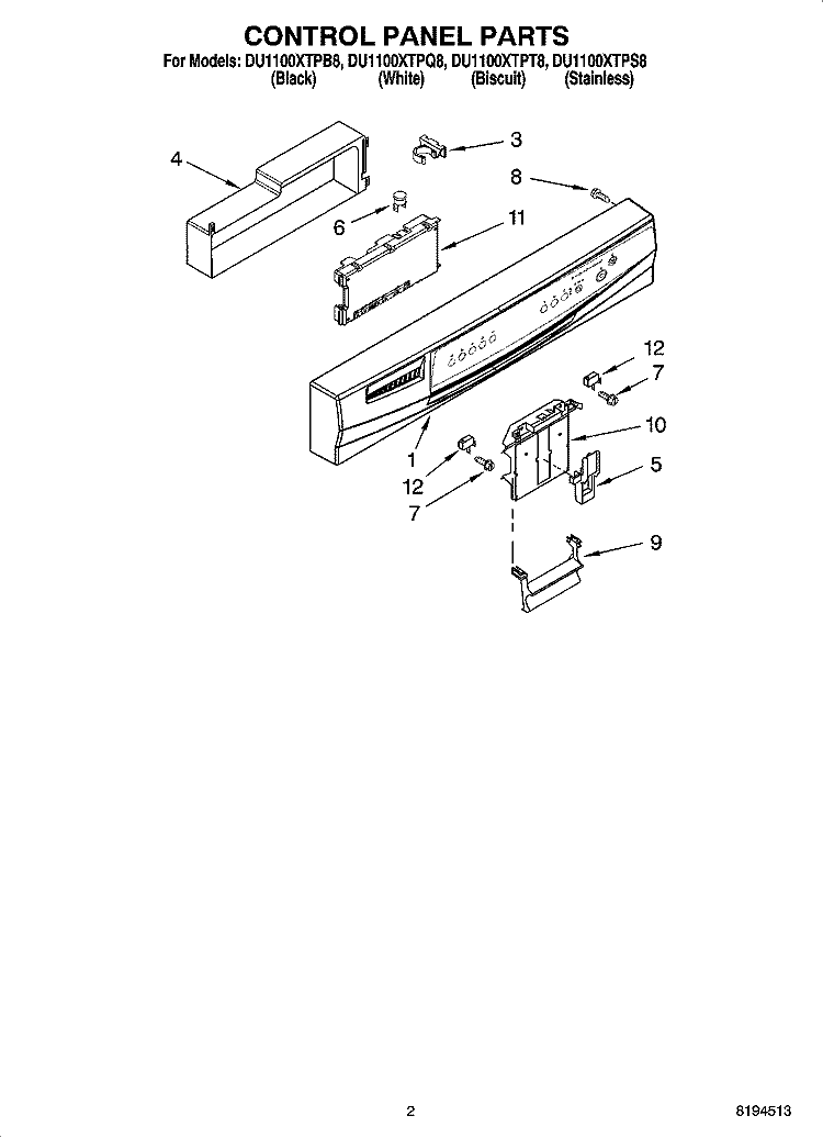 CONTROL PANEL PARTS Diagram and Parts List for DU1100XTPB8  Whirlpool Dishwasher
