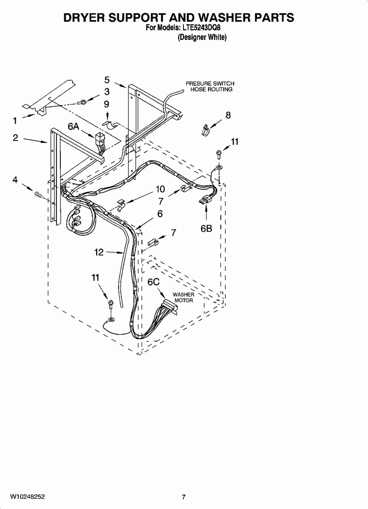 DRYER SUPPORT AND WASHER PARTS Diagram and Parts List for LTE5243DQ8  Whirlpool Washer Dryer Combo