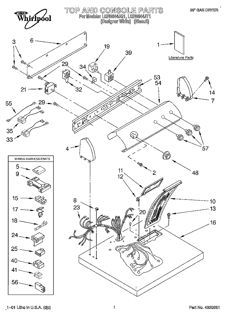 TOP AND CONSOLE, LIT/OPTIONAL Diagram and Parts List for LGR5644JT1  Whirlpool Dryer