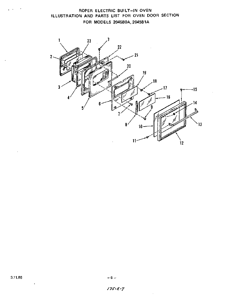 OVEN DOOR , LIT/OPTIONAL Diagram and Parts List for 2045B1A  Roper Range