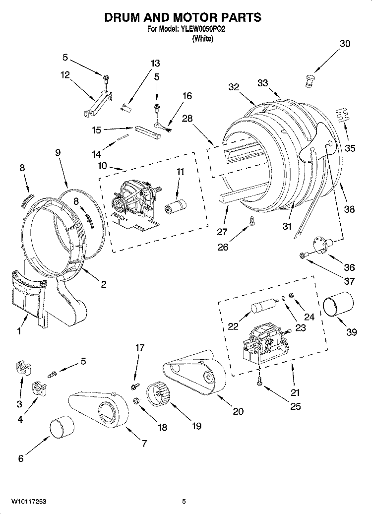 DRUM AND MOTOR PARTS, OPTIONAL PARTS (NOT INCLUDED) Diagram and Parts List for YLEW0050PQ2  Whirlpool Dryer