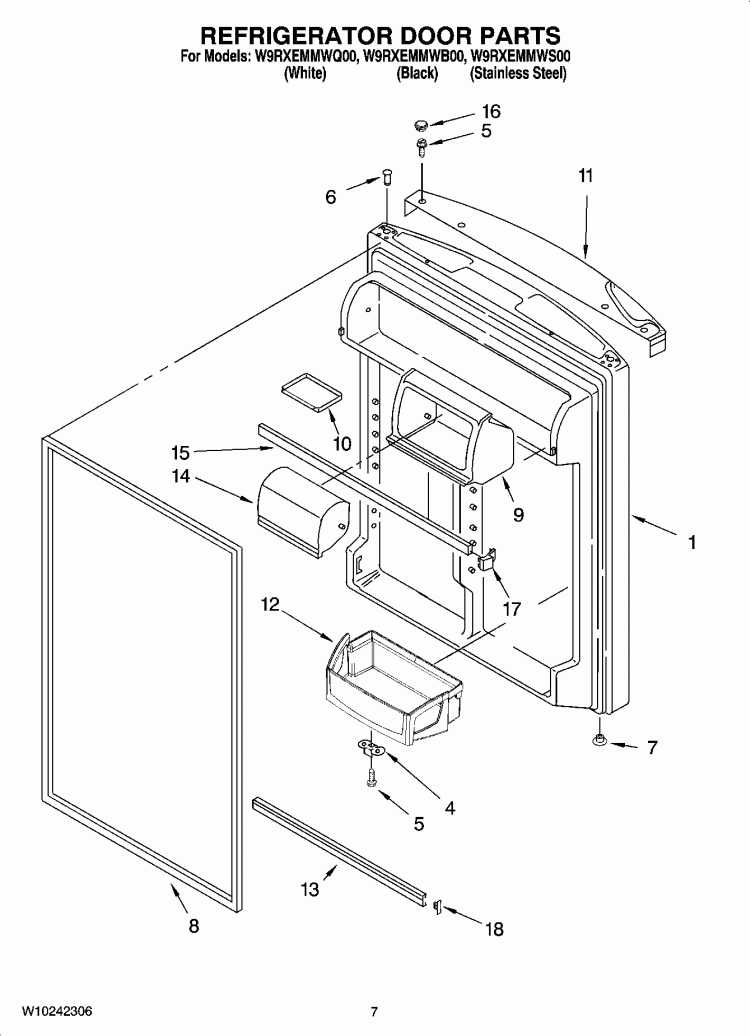 REFRIGERATOR DOOR PARTS Diagram and Parts List for W9RXEMMWB00  Whirlpool Refrigerator