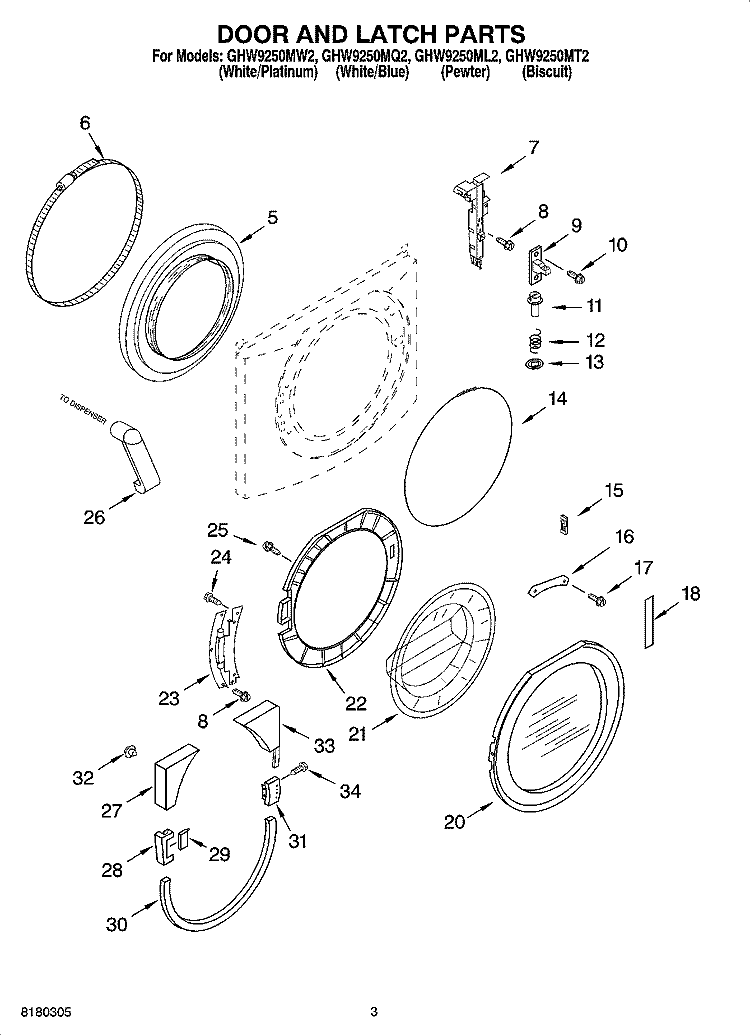 DOOR AND LATCH PARTS Diagram and Parts List for GHW9250ML2  Whirlpool Washer