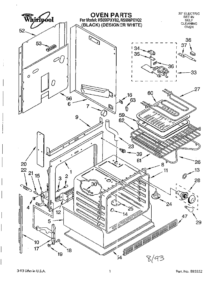 OVEN Diagram and Parts List for RS696PXYB2  Whirlpool Range