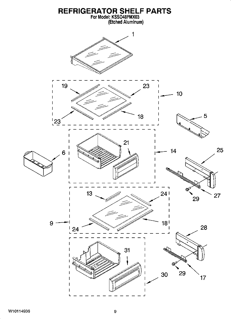 REFRIGERATOR SHELF PARTS Diagram and Parts List for KSSO48FMX03  KitchenAid Refrigerator