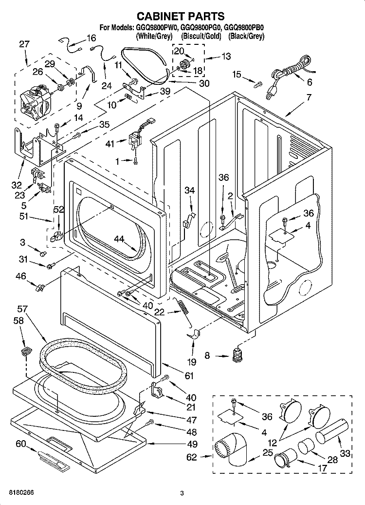 CABINET PARTS Diagram and Parts List for GGQ9800PW0  Whirlpool Dryer