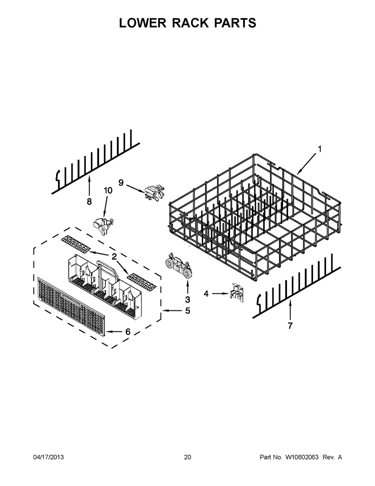 LOWER RACK PARTS Diagram and Parts List for WDT910SSYB2  Whirlpool Dishwasher