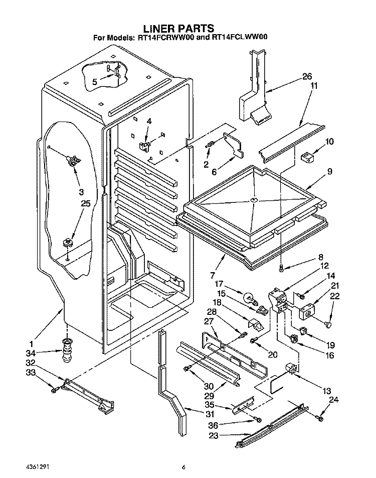 LINER, LIT/OPTIONAL Diagram and Parts List for RT14FCLWW00  Roper Refrigerator