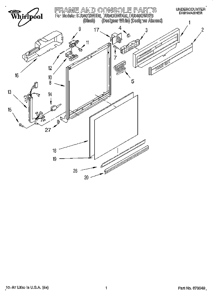 FRAME AND CONSOLE Diagram and Parts List for DU940QWDB6  Whirlpool Dishwasher