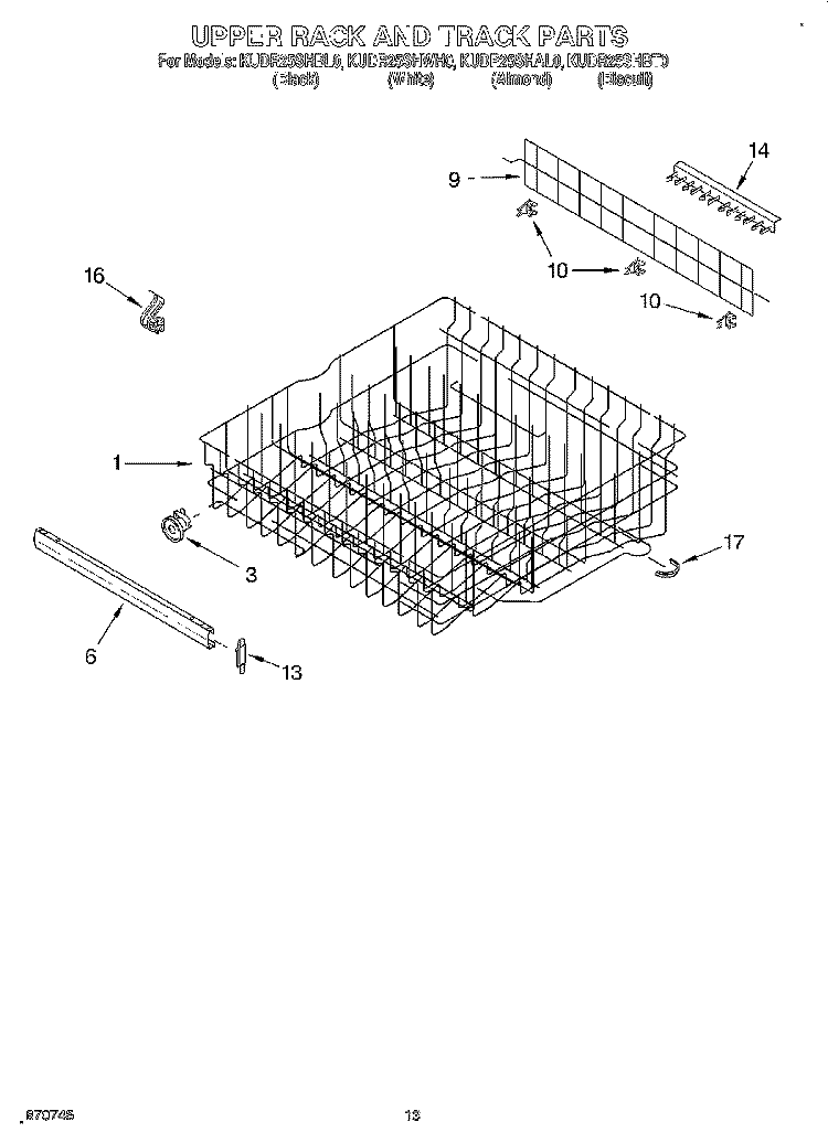 UPPER RACK AND TRACK Diagram and Parts List for KUDR25SHBT0  KitchenAid Dishwasher