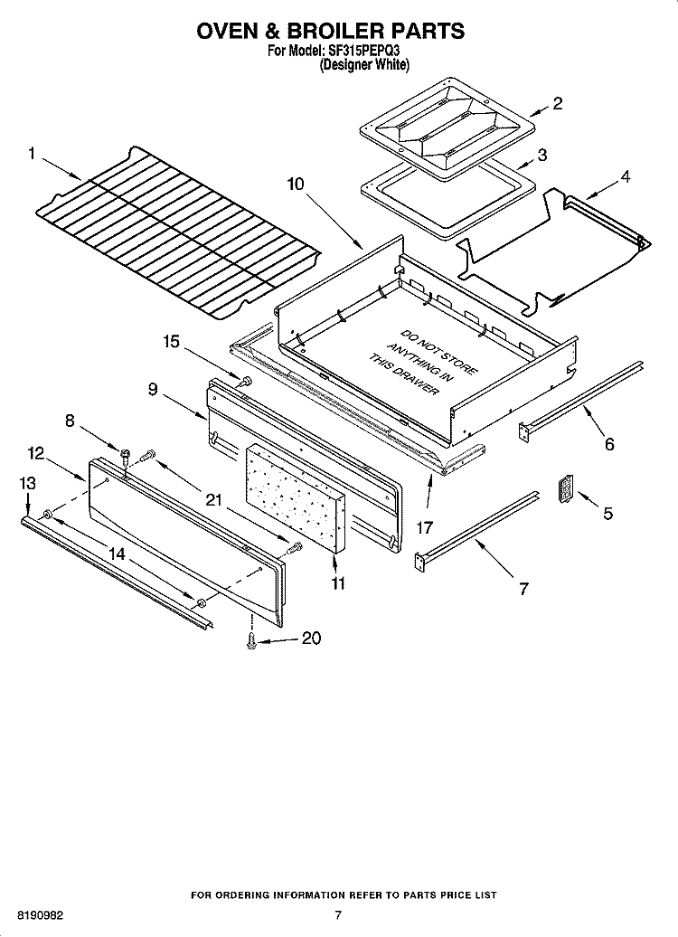 OVEN & BROILER PARTS Diagram and Parts List for SF315PEPQ3  Whirlpool Range