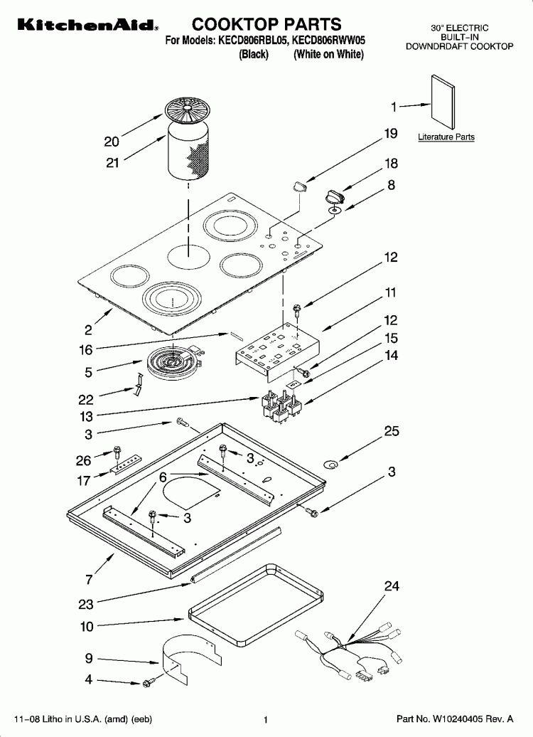 COOKTOP PARTS Diagram and Parts List for KECD806RWW05  KitchenAid Cooktop