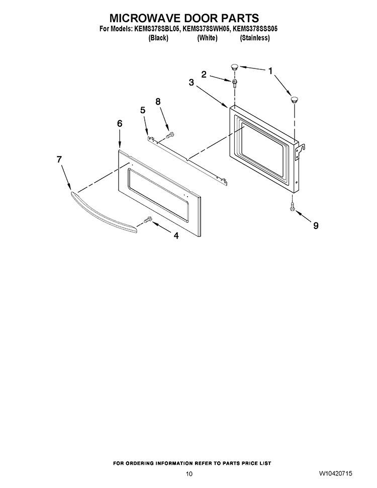 MICROWAVE DOOR PARTS Diagram and Parts List for KEMS378SWH05  KitchenAid Microwave Oven Combo