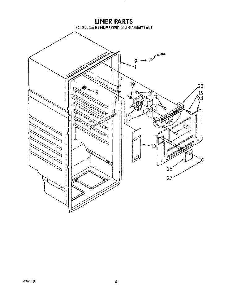 LINER Diagram and Parts List for RT14DMXYW01  Roper Refrigerator
