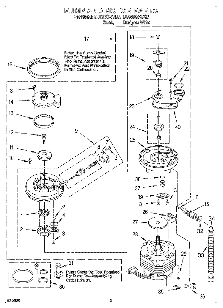 PUMP AND MOTOR Diagram and Parts List for DU930QWDB5  Whirlpool Dishwasher