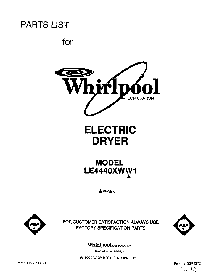 SECTION Diagram and Parts List for LE4440XWW1  Whirlpool Dryer