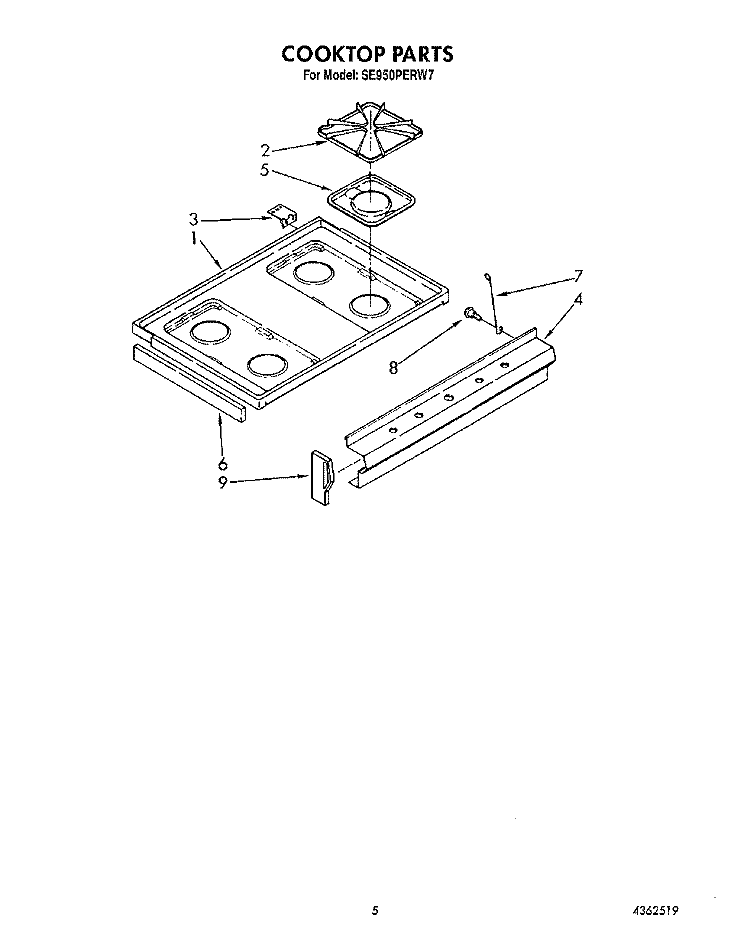 COOKTOP Diagram and Parts List for SE950PERW7  Whirlpool Range