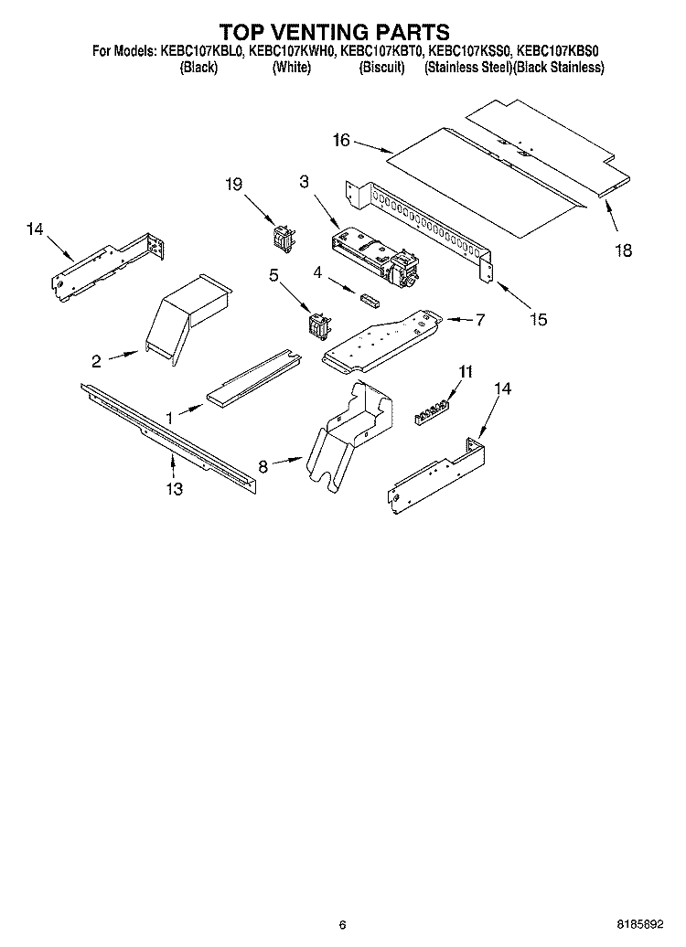 TOP VENTING Diagram and Parts List for KEBC107KBS0  KitchenAid Range