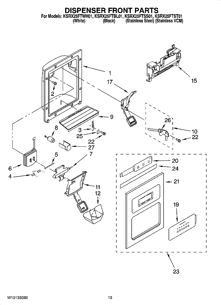 DISPENSER FRONT PARTS Diagram and Parts List for KSRX25FTSS01  KitchenAid Refrigerator