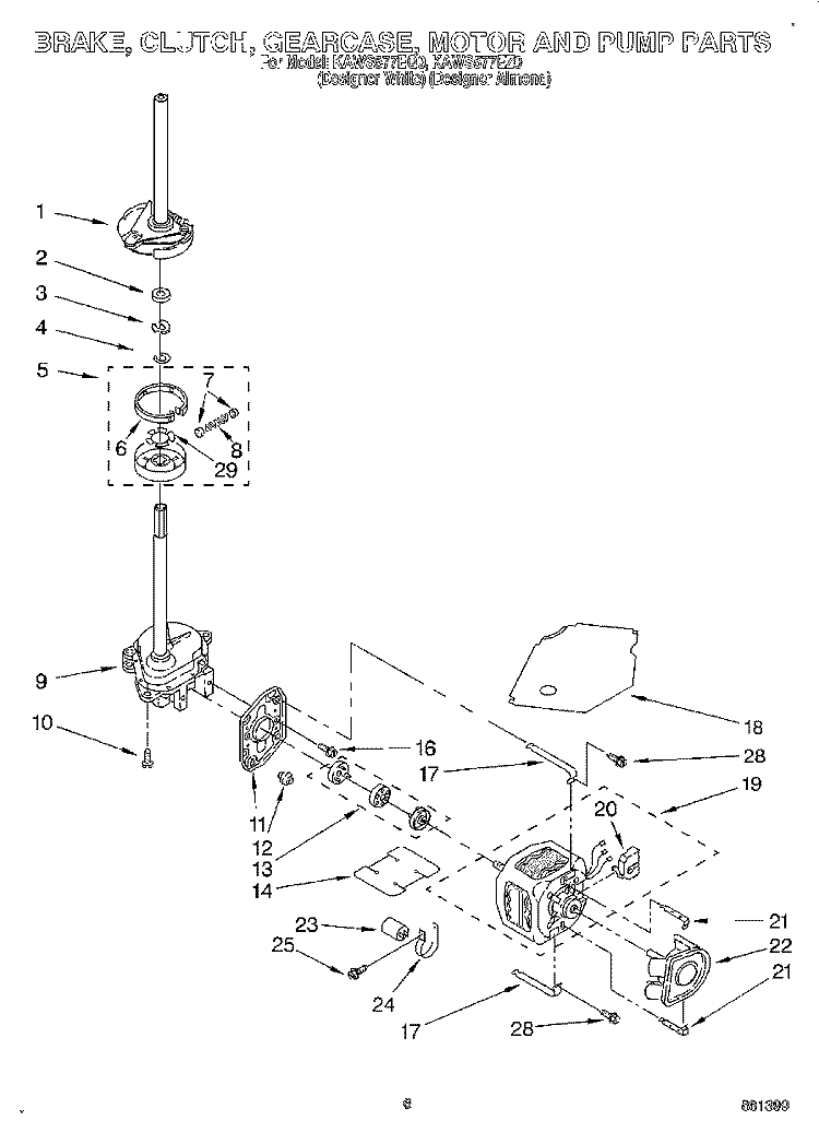 BRAKE, CLUTCH, GEARCASE, MOTOR AND PUMP Diagram and Parts List for KAWS577EZ0  KitchenAid Washer