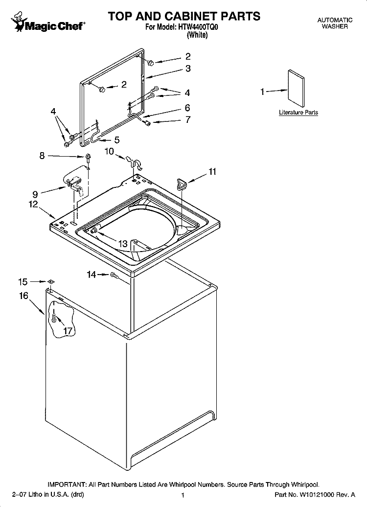 TOP AND CABINET PARTS Diagram and Parts List for HTW4400TQ0  Whirlpool Washer
