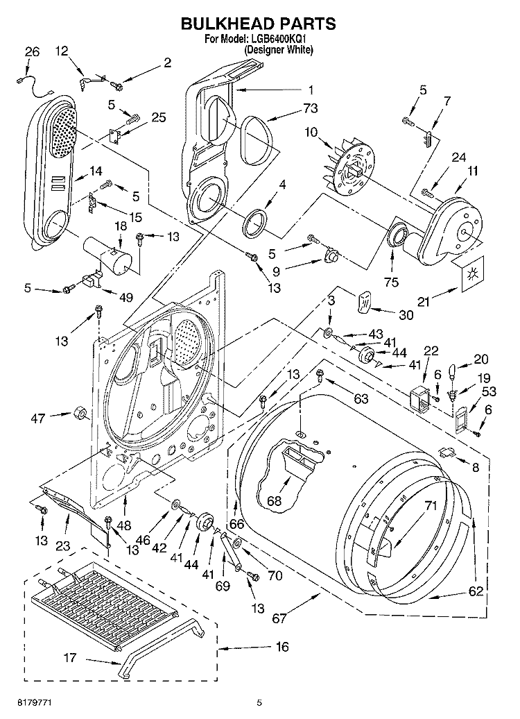 BULKHEAD Diagram and Parts List for LGB6400KQ1  Whirlpool Dryer