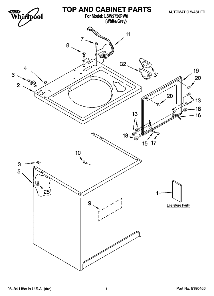 TOP AND CABINET PARTS Diagram and Parts List for LSW9750PW0  Whirlpool Washer
