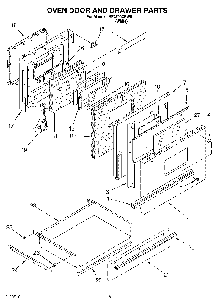 OVEN DOOR AND DRAWER PARTS Diagram and Parts List for RF4700XEW9  Whirlpool Range