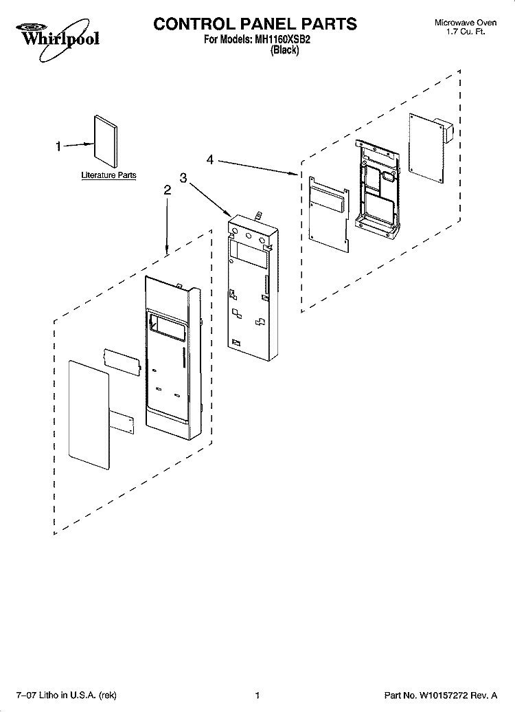 CONTROL PANEL PARTS Diagram and Parts List for MH1160XSB2  Whirlpool Microwave