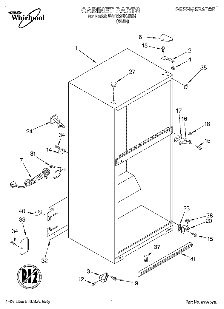 CABINET Diagram and Parts List for 2VET23DKJW01  Whirlpool Refrigerator