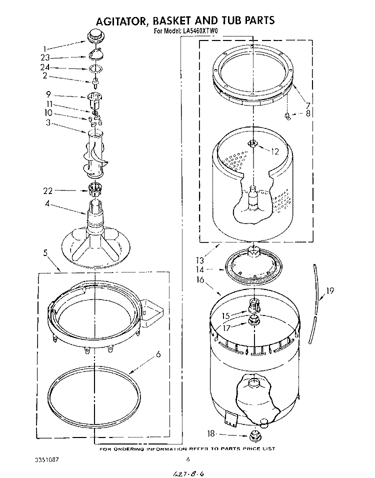 AGITATOR, BASKET AND TUB Diagram and Parts List for LA5460XTM0  Whirlpool Washer