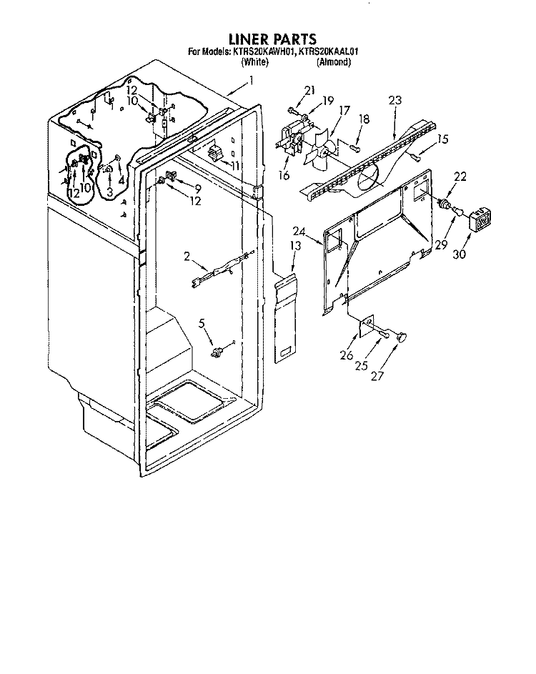 LINER Diagram and Parts List for KTRS20KAWH01  KitchenAid Refrigerator