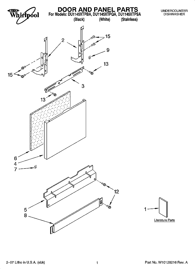 DOOR AND PANEL PARTS Diagram and Parts List for DU1145XTPBA  Whirlpool Dishwasher