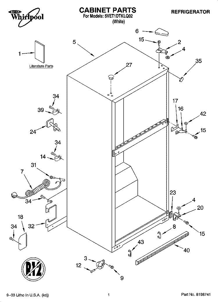 CABINET PARTS Diagram and Parts List for 5VET1DTKLQ02  Whirlpool Refrigerator