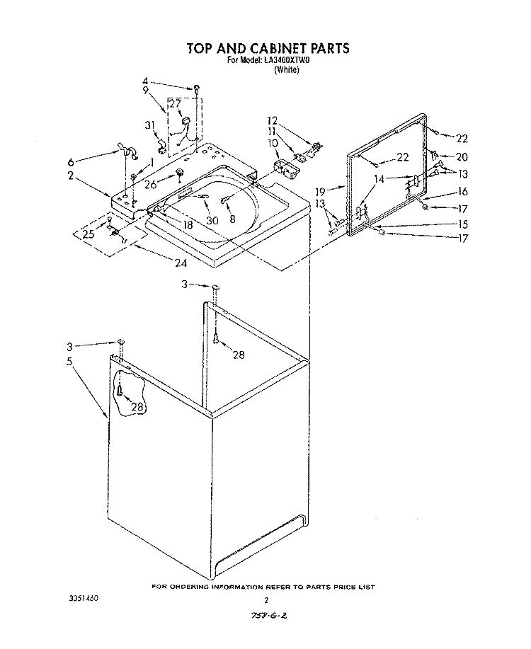 TOP AND CABINET , LITERATURE AND OPTIONAL Diagram and Parts List for LA3400XTW0  Whirlpool Washer