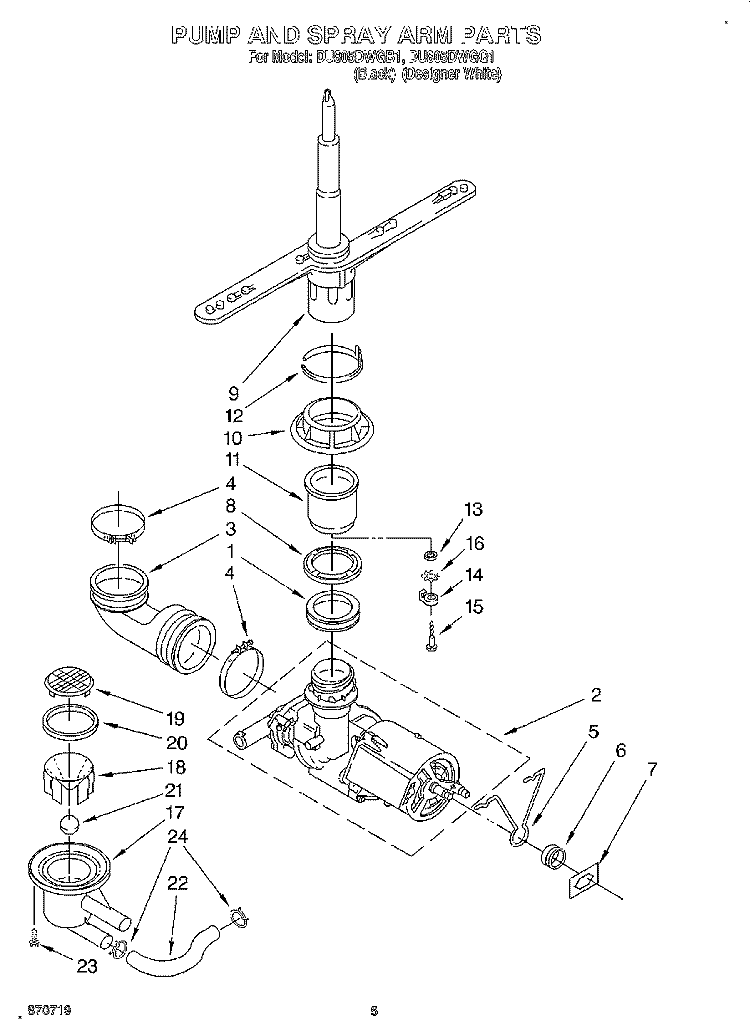 PUMP AND SPRAYARM Diagram and Parts List for DU805DWGQ1  Whirlpool Dishwasher