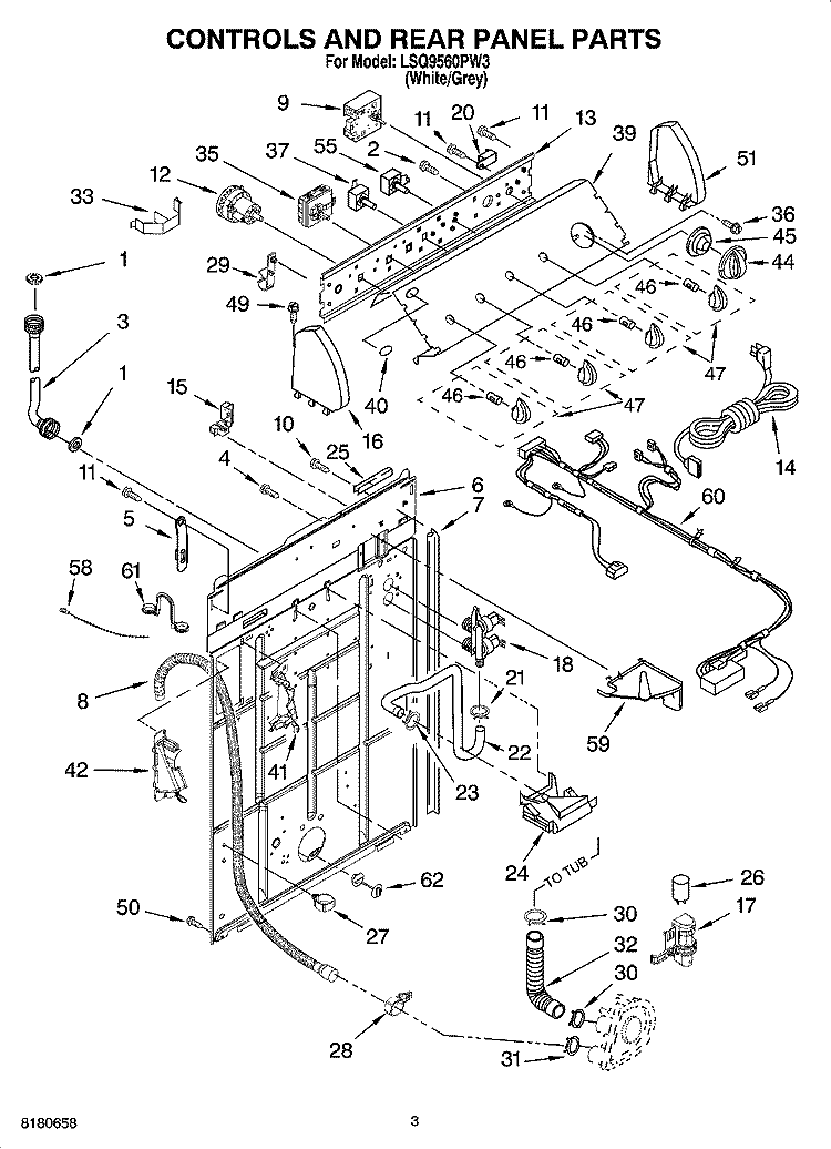 CONTROLS AND REAR PANEL PARTS Diagram and Parts List for LSQ9560PW3  Whirlpool Washer
