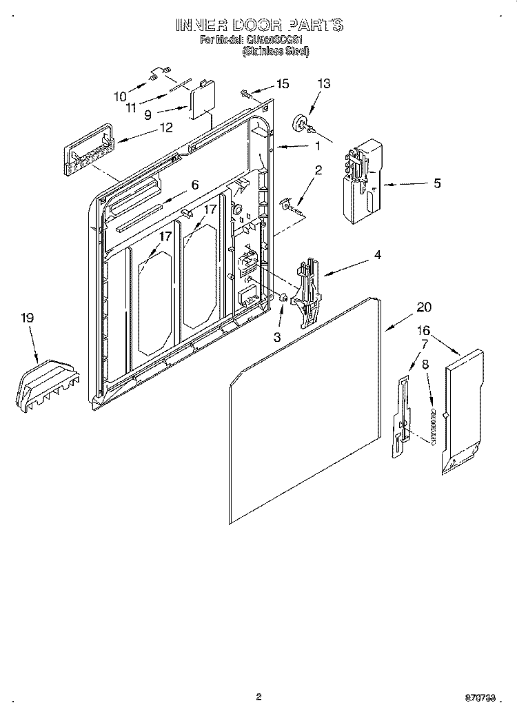 INNER DOOR Diagram and Parts List for GU980SCGS1  Whirlpool Dishwasher