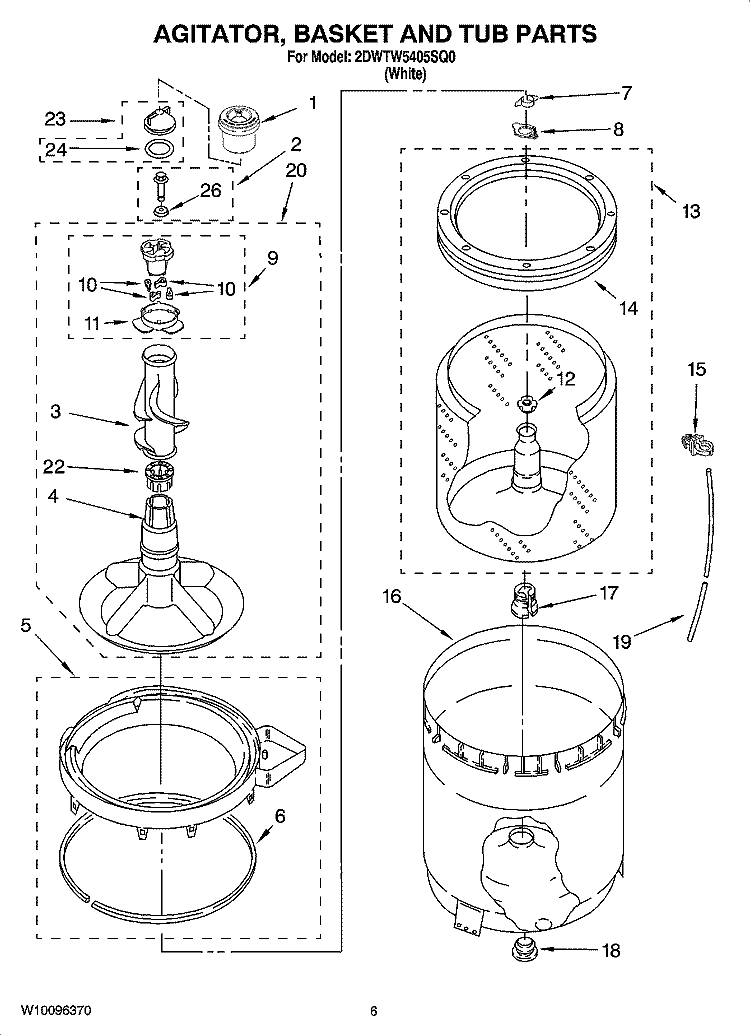 AGITATOR, BASKET AND TUB PARTS Diagram and Parts List for 2DWTW5405SQ0  Whirlpool Washer