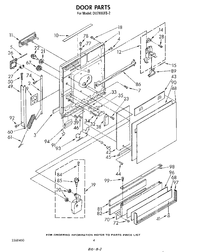 DOOR Diagram and Parts List for DU7800XS2  Whirlpool Dishwasher