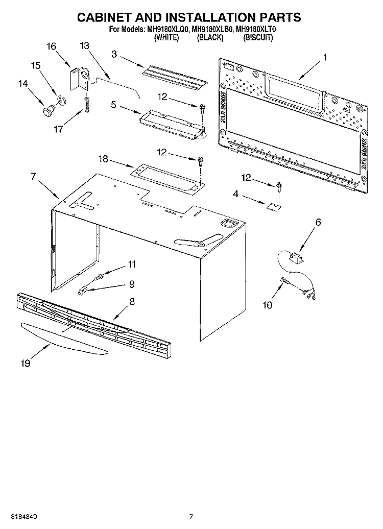 CABINET AND INSTALLATION Diagram and Parts List for MH9180XLT0  Whirlpool Microwave