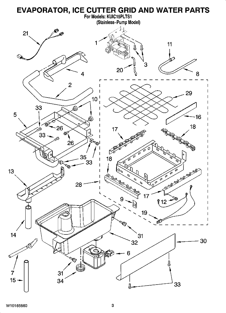 EVAPORATOR, ICE CUTTER GRID AND WATER PARTS Diagram and Parts List for KUIC15PLTS1  KitchenAid Ice Maker