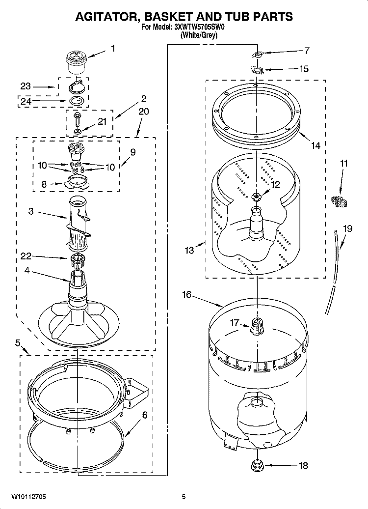 AGITATOR, BASKET AND TUB PARTS Diagram and Parts List for 3XWTW5705SW0  Whirlpool Washer