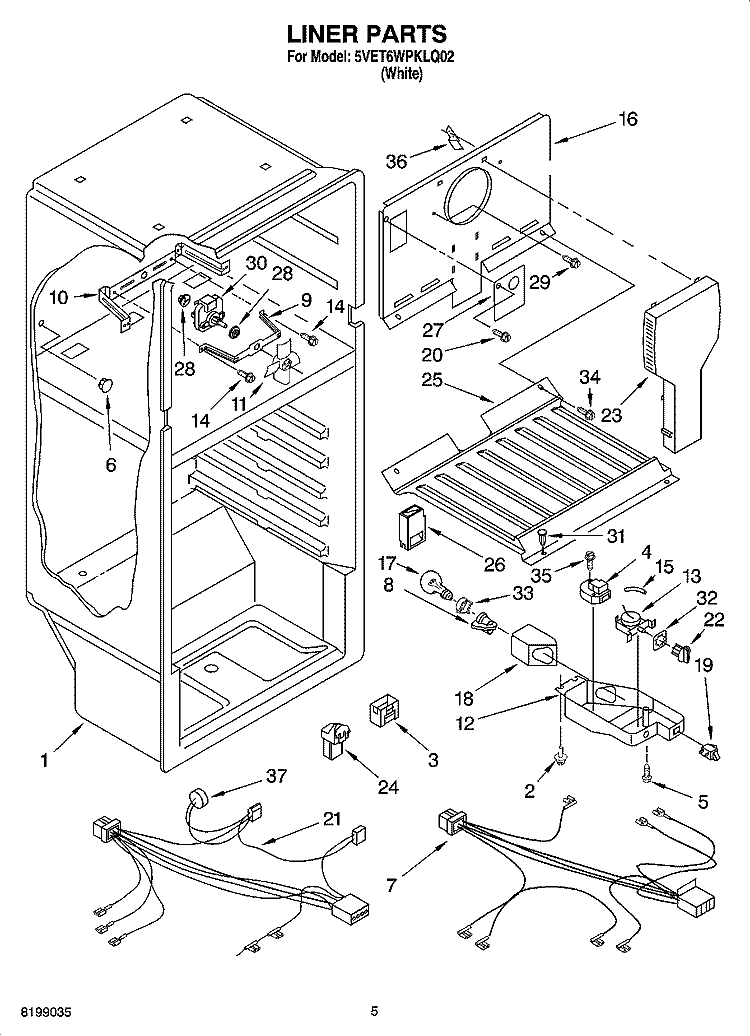 LINER PARTS Diagram and Parts List for 5VET6WPKLQ02  Whirlpool Refrigerator