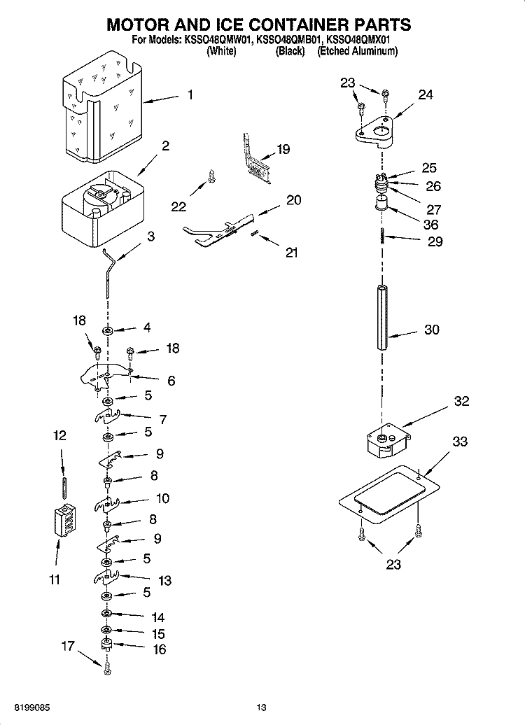 MOTOR AND ICE CONTAINER PARTS Diagram and Parts List for KSSO48QMX01  KitchenAid Refrigerator