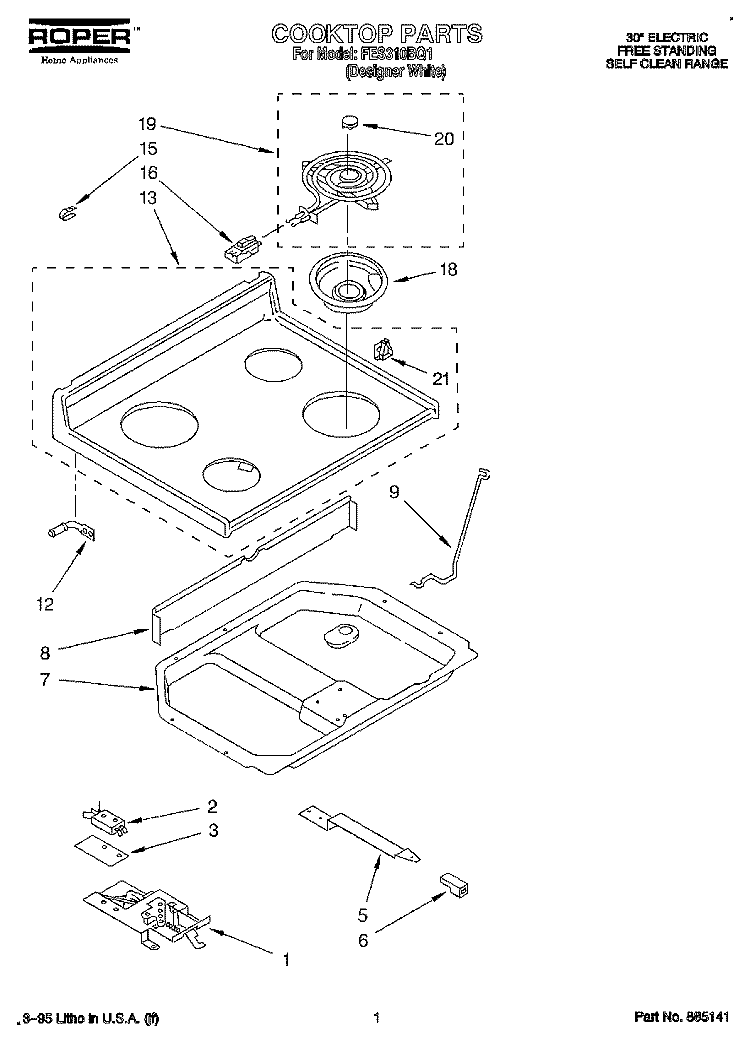 COOKTOP Diagram and Parts List for FES310BQ1  Roper Range