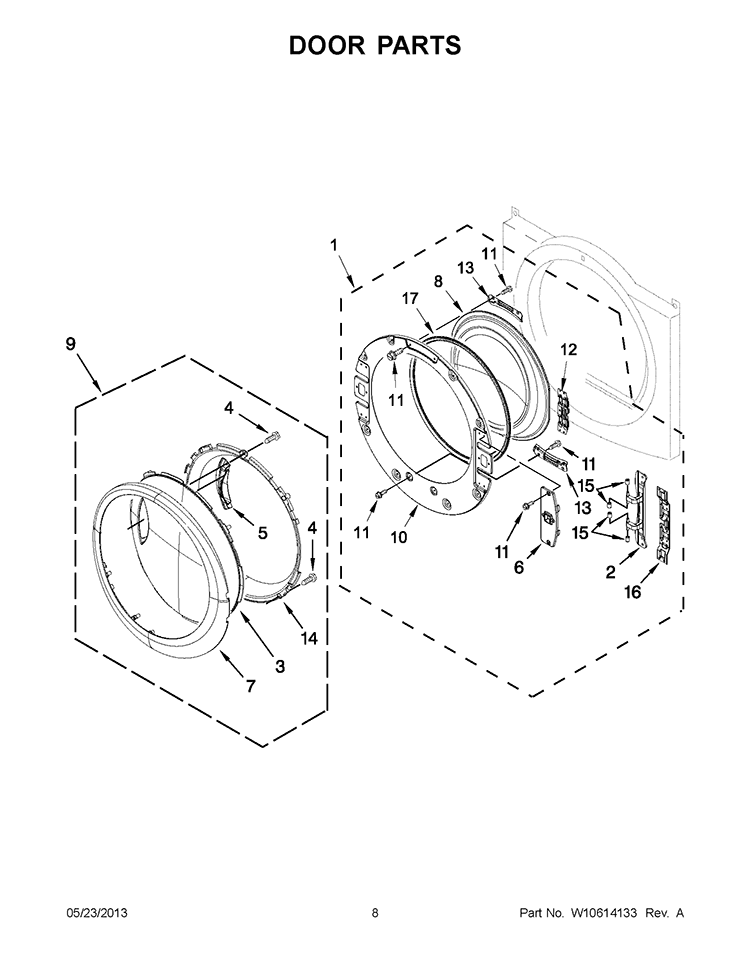 DOOR PARTS Diagram and Parts List for WGD88HEAC1  Whirlpool Dryer